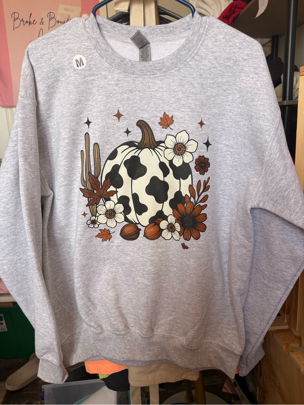 Gildan Light Gray Crewneck with Cow-Spot Pumpkin and Autumn Florals
